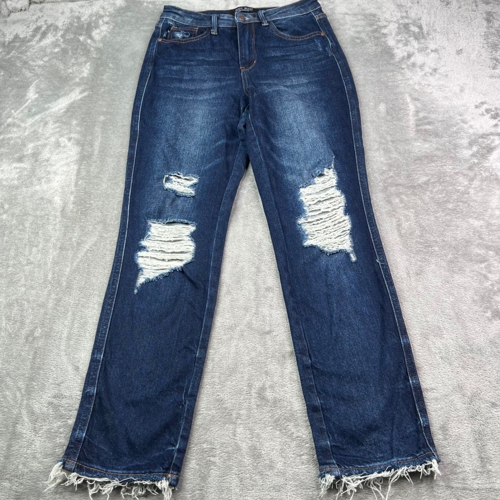 Judy Blue Straight Fit Jeans Womens 1/25 Dark Wash Distressed Stretch Raw Hem